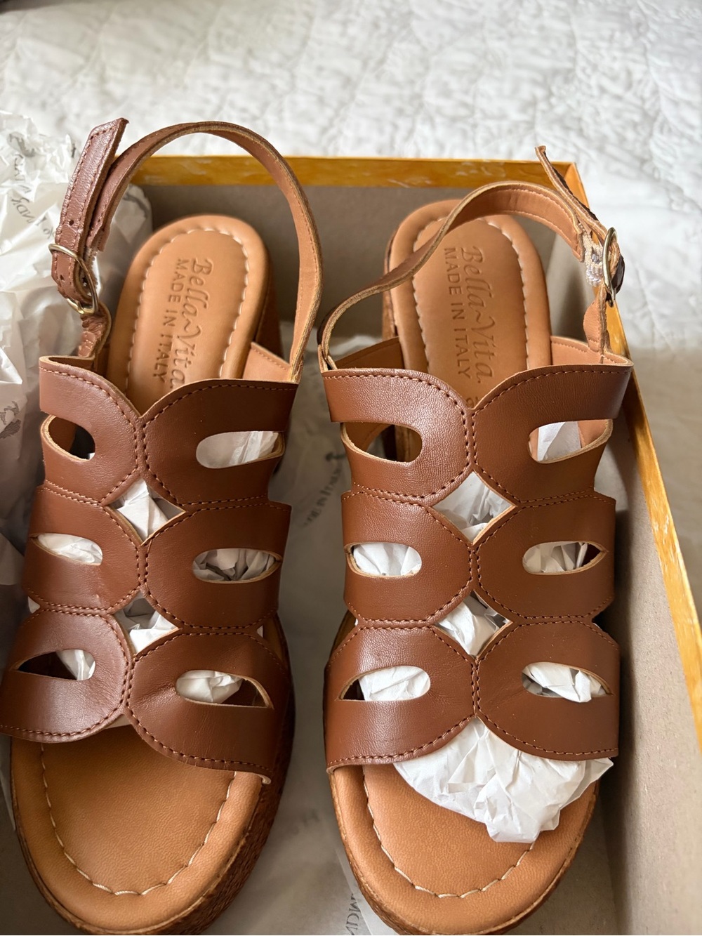 Bella Vita Cognac Brown Cutout Leather Slingback Sandals